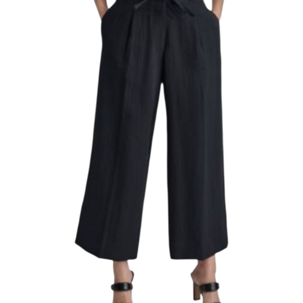 DKNY Linen Blend Black Gaucho Cropped Wide Leg Pants Size 12 Trousers Career